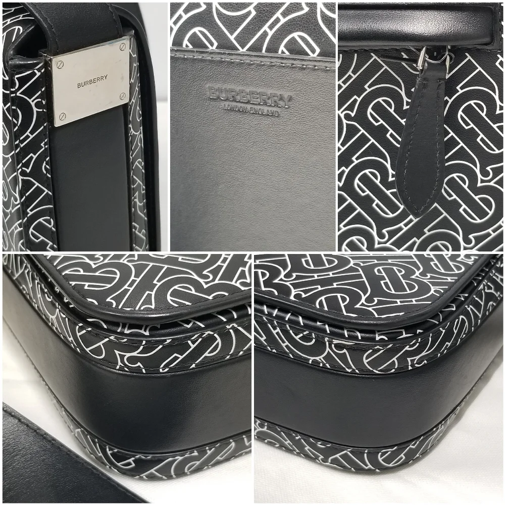 BURBERRY Calfskin Monogram TB Print Black and White Messenger Crossbody Bag